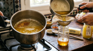 A step by step guide on how to make ghee recipe with golden liquid butter in a glass jar
