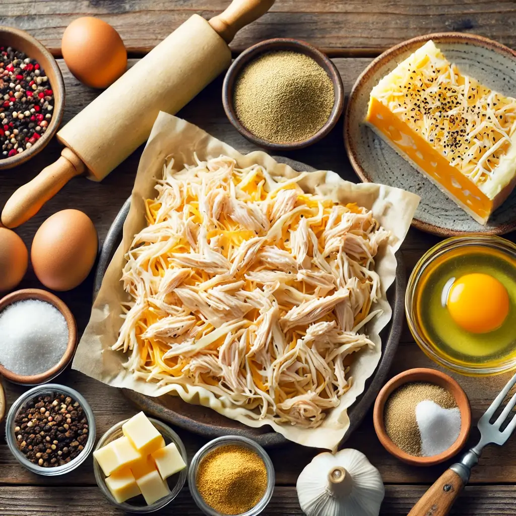 Ingredients for chicken and cheese jalousie, including shredded chicken, cheddar and mozzarella cheese, puff pastry, and seasonings, arranged on a countertop