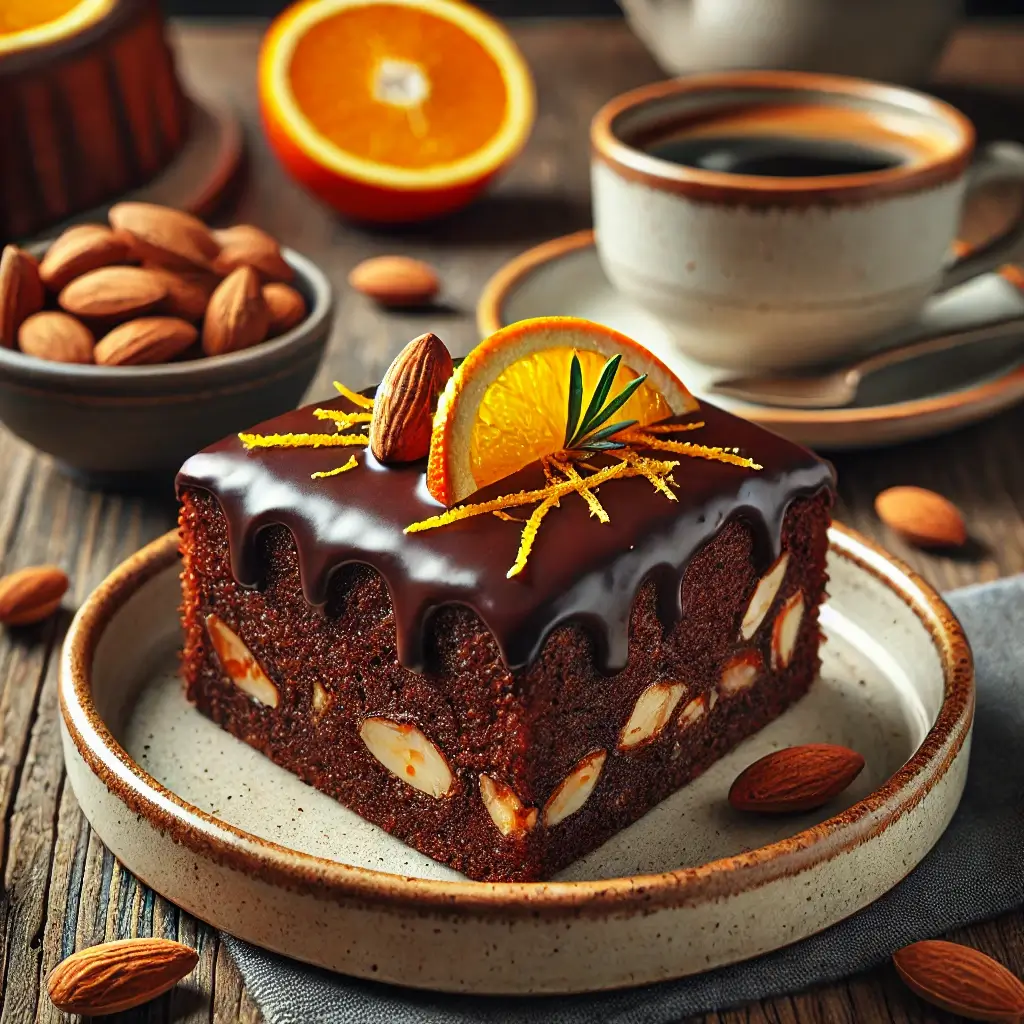 Step-by-step visual instructions for making chocolate orange almond cake, showing the process of mixing ingredients, melting chocolate, and preparing the batter.