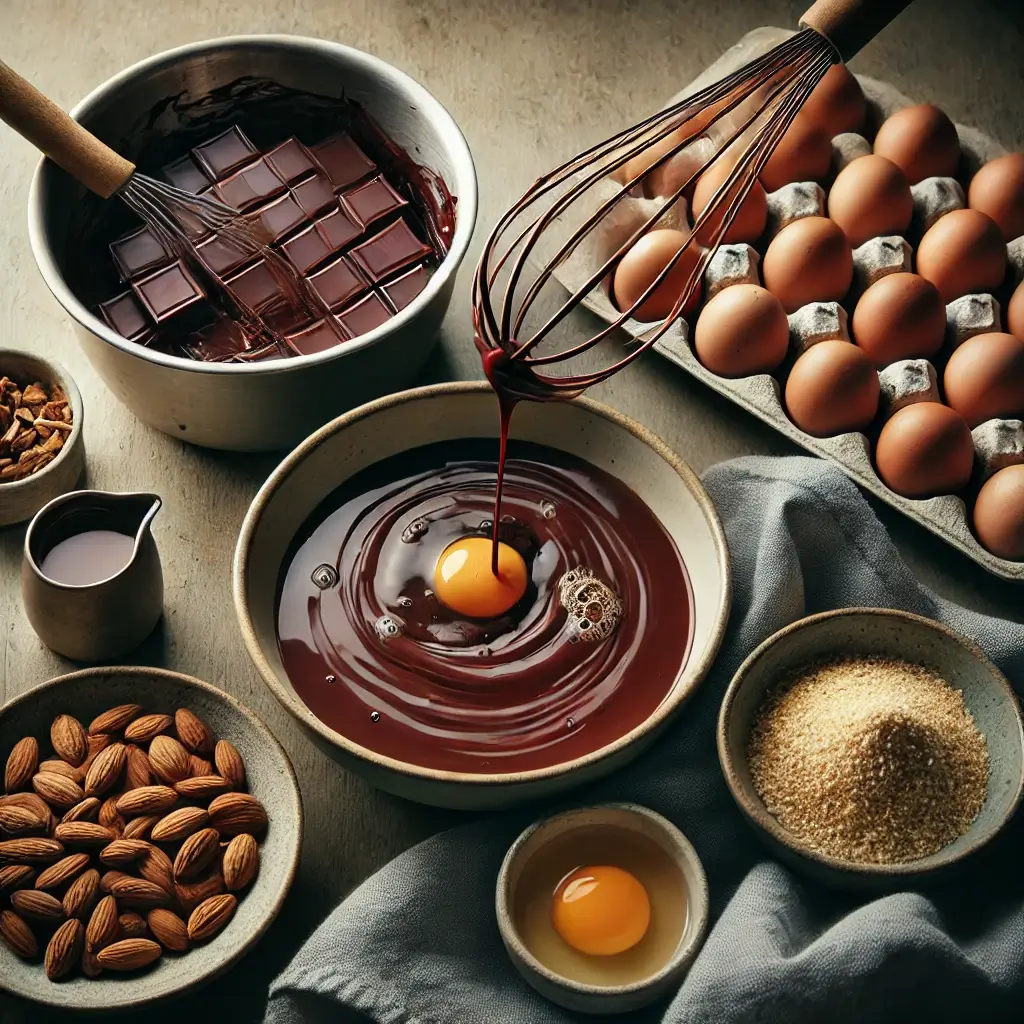 An overhead view of the ingredients for chocolate orange almond cake, including dark chocolate, unsalted butter, eggs, ground almonds, orange zest, sugar, and baking essentials.