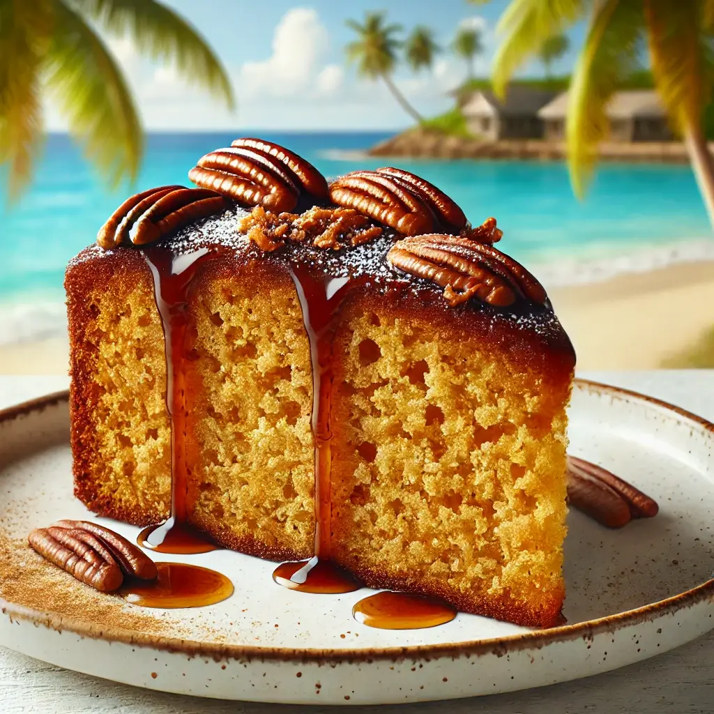 
The image should highlight the rich, moist rum cake surrounded by tropical fruits, capturing the festive spirit of Caribbean celebrations.