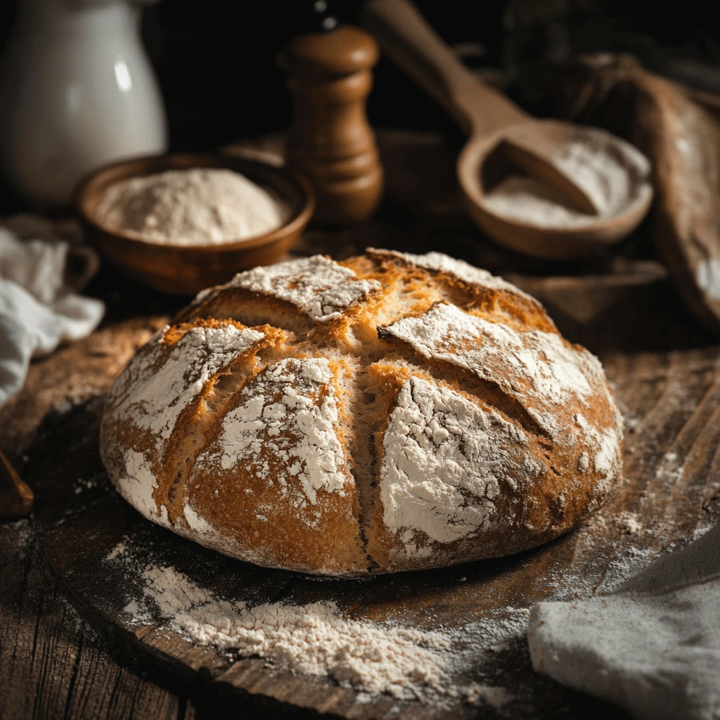 Traditional Irish soda bread with a golden, rustic crust on a wooden table.