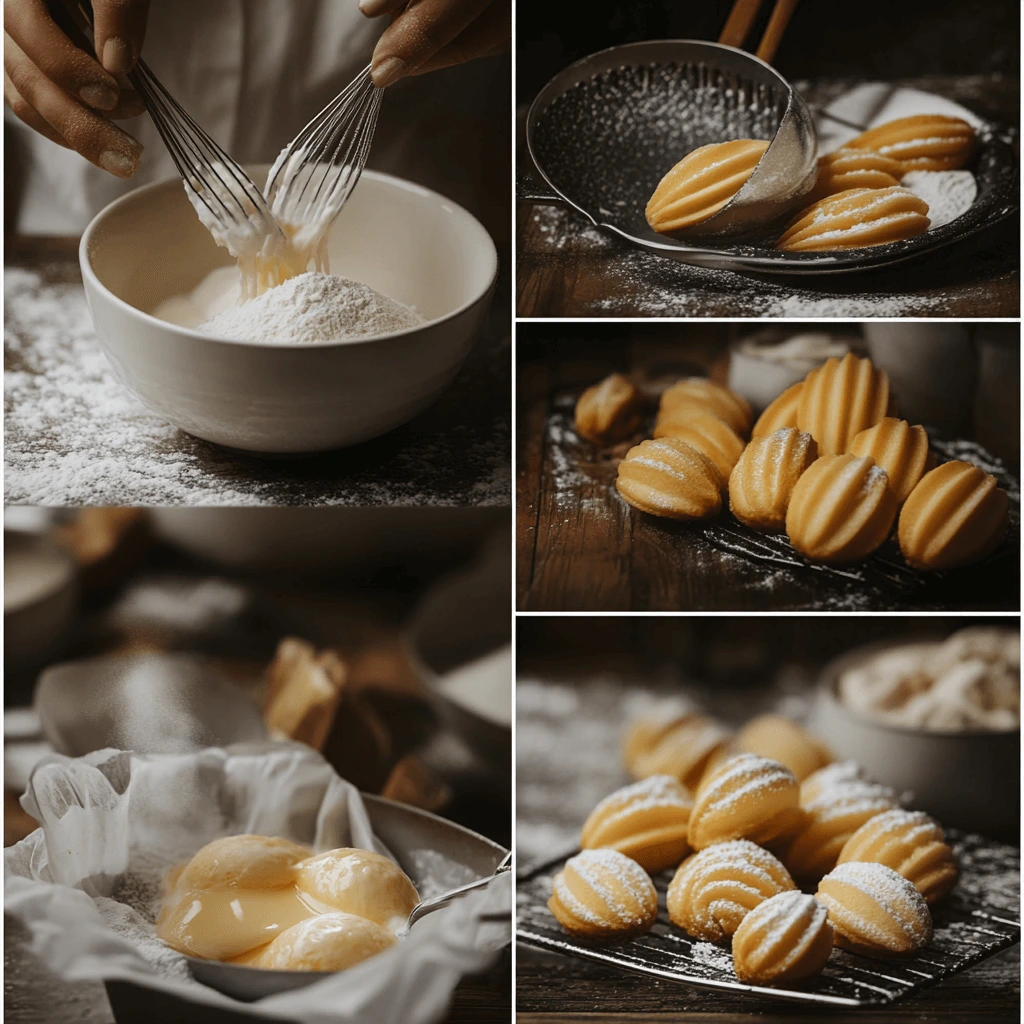 A collage of images showing the baking process, from whisking ingredients to filling a shell-shaped pan and cooling the finished treats.