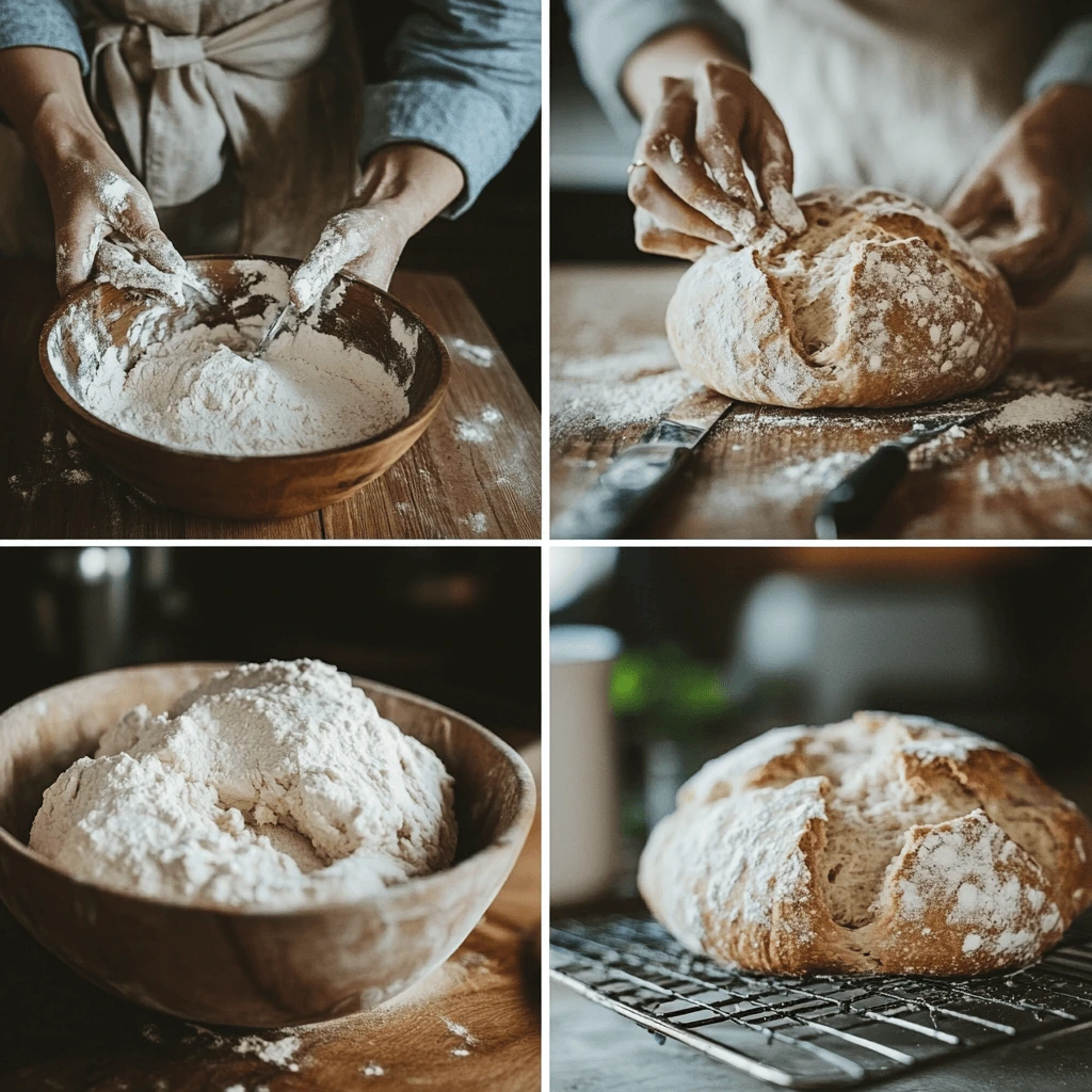 Collage showing steps for making soda bread: mixing, shaping, scoring, and baking.