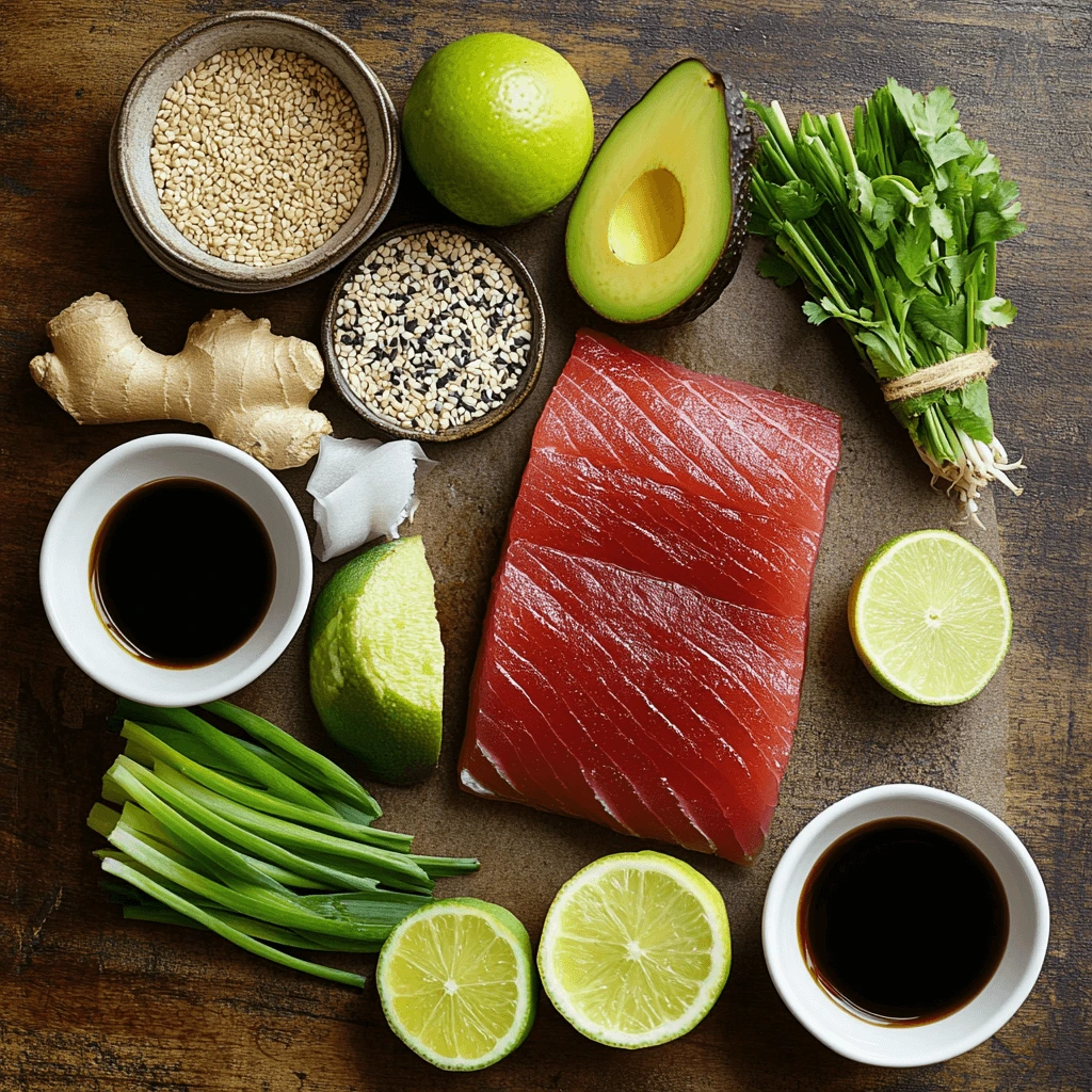 Fresh ahi tuna fillet surrounded by soy sauce, sesame oil, lime, avocado, green onions, sesame seeds, and spicy mayo on a wooden surface.