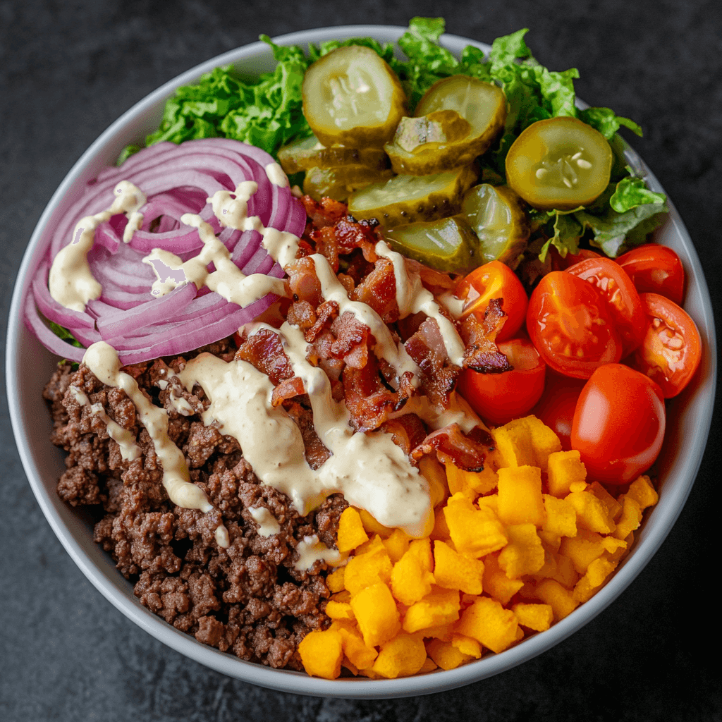 A vibrant burger bowl filled with seasoned beef, fresh lettuce, cherry tomatoes, pickles, red onions, crispy bacon, shredded cheese, and a drizzle of creamy special sauce.
