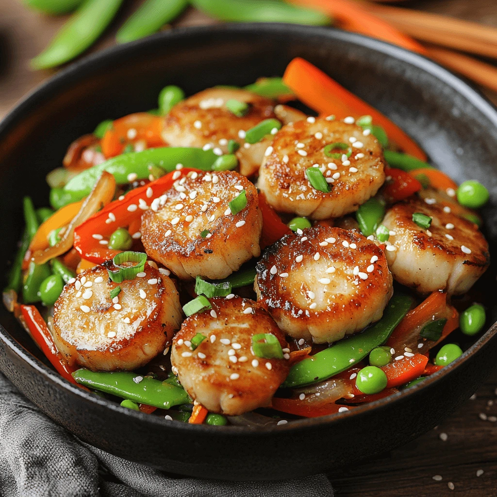 A wok with fishcakes, scallops, and vegetables being stir-fried to perfection, with steam rising and a glossy sauce coating the ingredients.