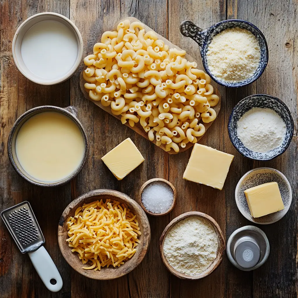 Ingredients for Tini’s Mac and Cheese Recipe, including macaroni, shredded cheddar cheese, butter, milk, flour, and seasonings arranged on a rustic surface.