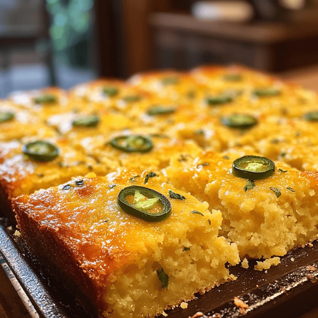 A golden, cheesy Jiffy Mexican Cornbread fresh out of the oven, with melted cheese and jalapeños on top, served in a cast-iron skillet with a slice cut out to reveal its moist and fluffy texture.