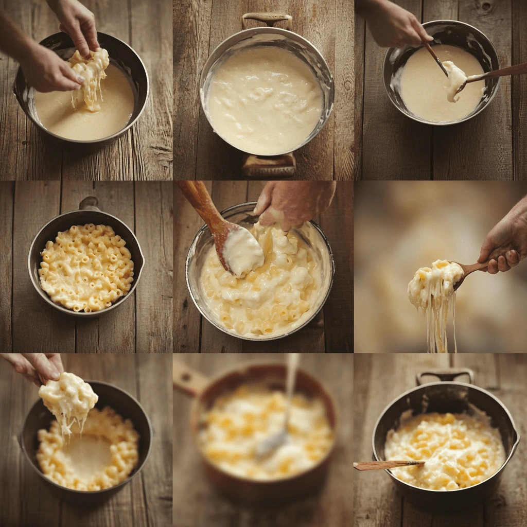  A visual guide showing the steps to make Tini’s Mac and Cheese, from cooking pasta to making the cheese sauce.