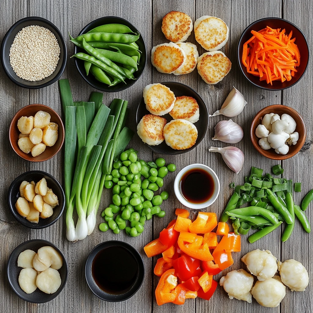 A top-down view of fresh ingredients for fishcakes and scallops stir fry, including fishcakes, scallops, bell peppers, snap peas, garlic, ginger, and soy sauce.