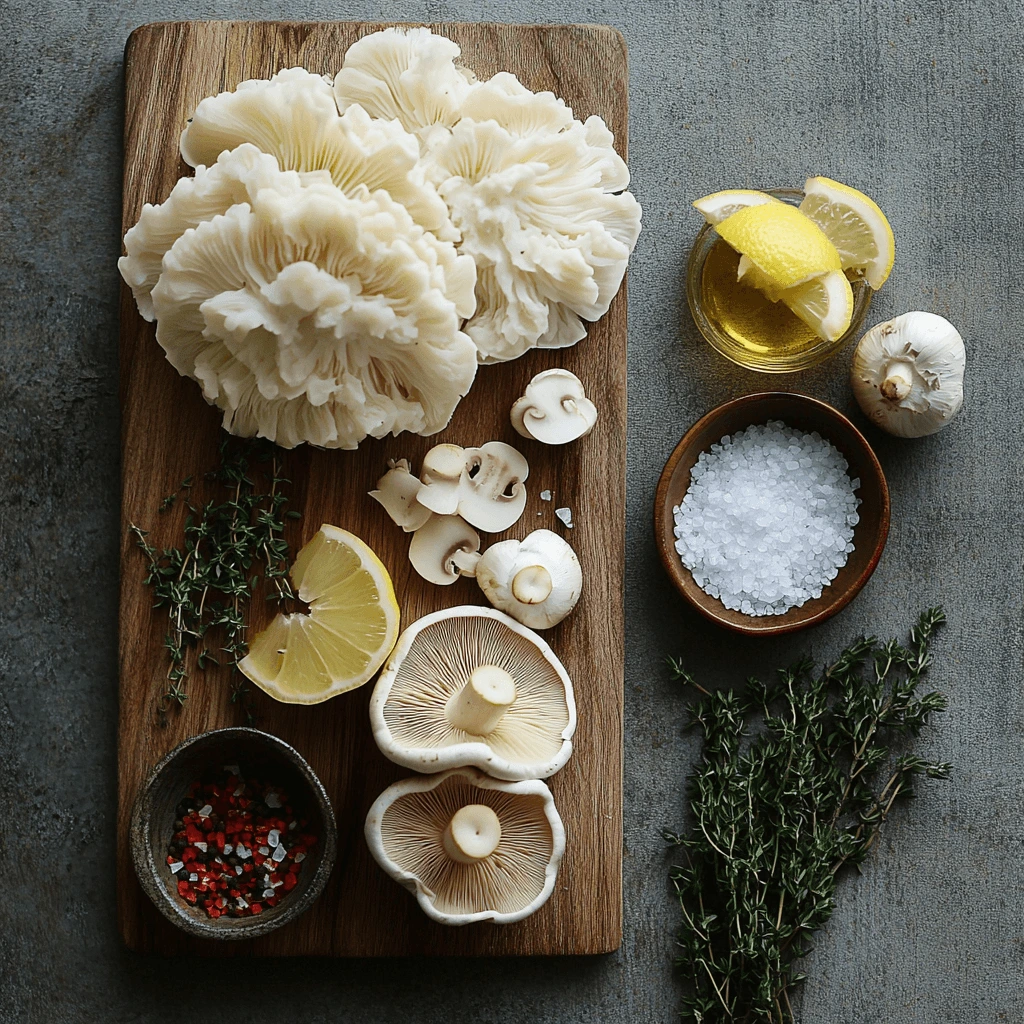  Fresh Lion’s Mane mushrooms on a cutting board with garlic, butter, sea salt, black pepper, and fresh herbs.