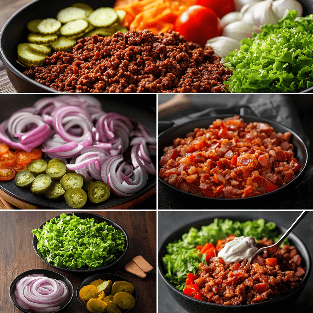 A step-by-step image collage showing the burger bowl preparation—cooking ground beef, chopping vegetables, assembling ingredients, and drizzling the sauce.