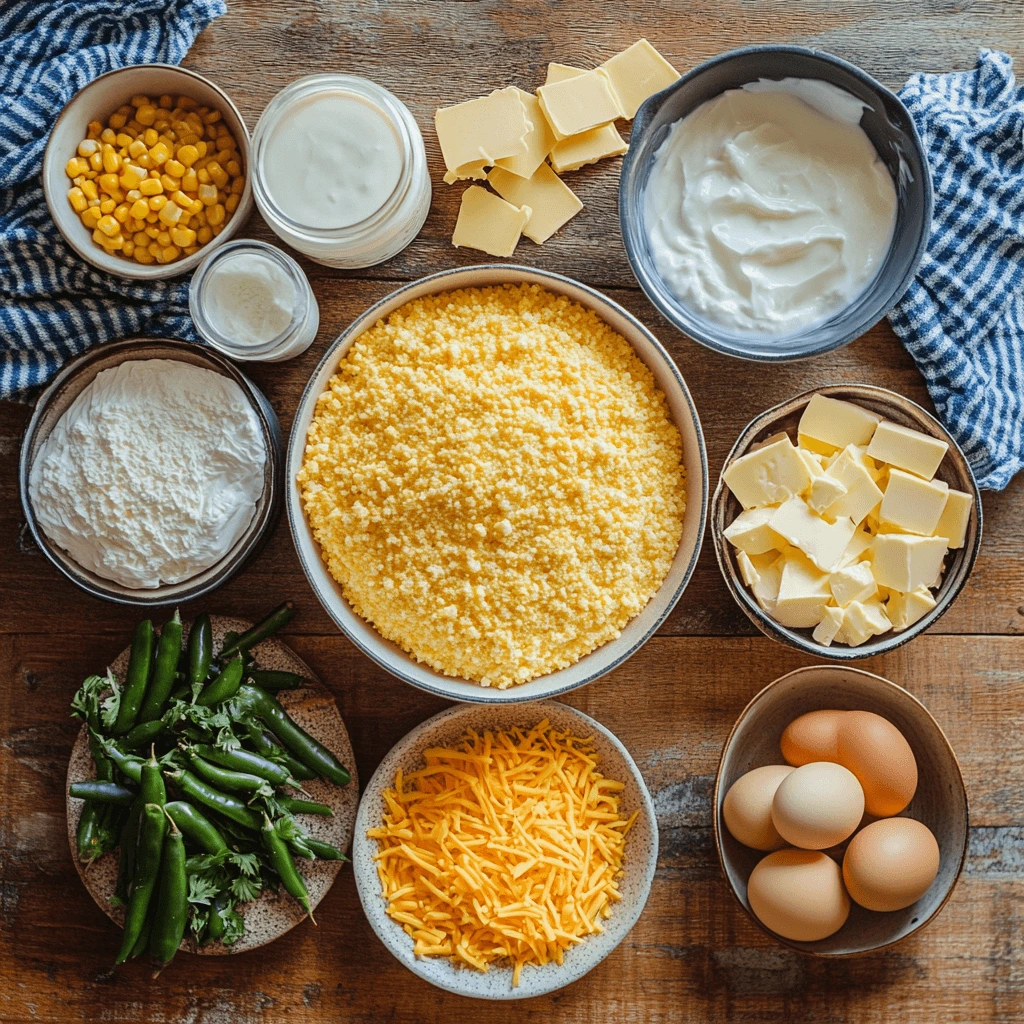 A top-down view of ingredients for Jiffy Mexican Cornbread, including Jiffy Corn Muffin Mix, shredded cheddar cheese, diced jalapeños, eggs, milk, sour cream, butter, whole kernel corn, and creamed corn, arranged neatly on a wooden countertop.