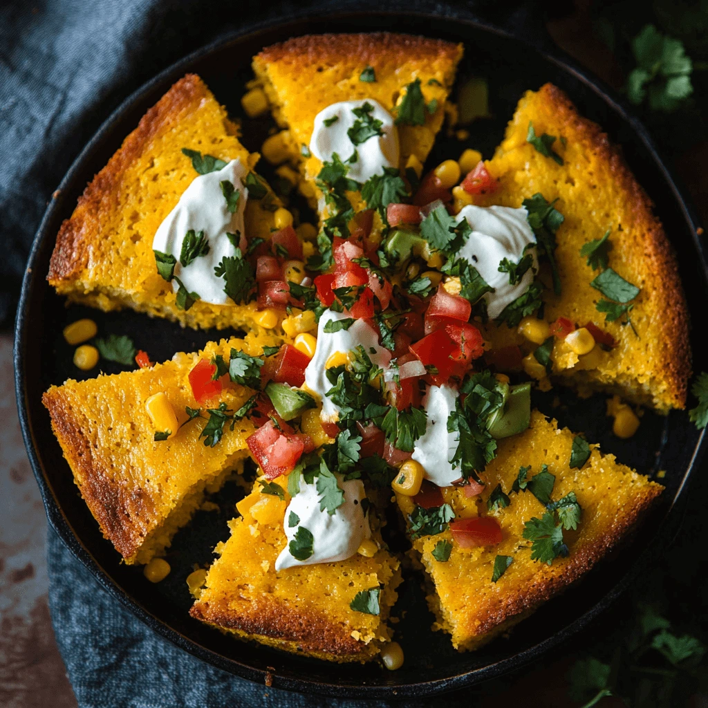 A close-up of a slice of Jiffy Mexican Cornbread on a plate, showing its moist, cheesy interior with bits of jalapeño, alongside a buttered knife and a warm, inviting background.