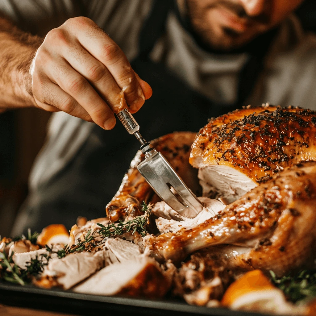 A close-up of a person using a stainless steel meat injector to insert a rich, seasoned marinade into a raw turkey, with small bowls of melted butter, broth, and spices on a wooden countertop.