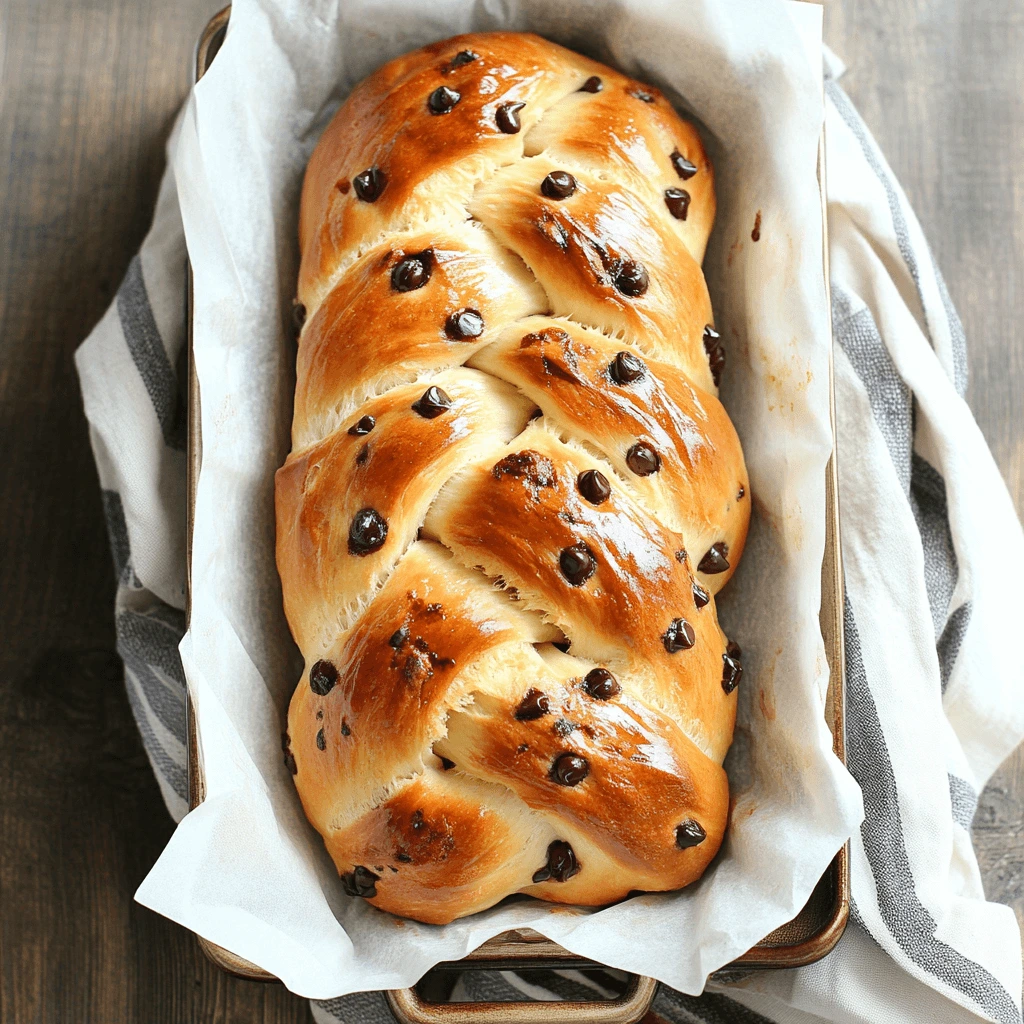 A detailed step-by-step guide on how to make braided chocolate chip brioche, showing the stages of preparing the dough, adding chocolate chips, braiding, and baking until golden brown