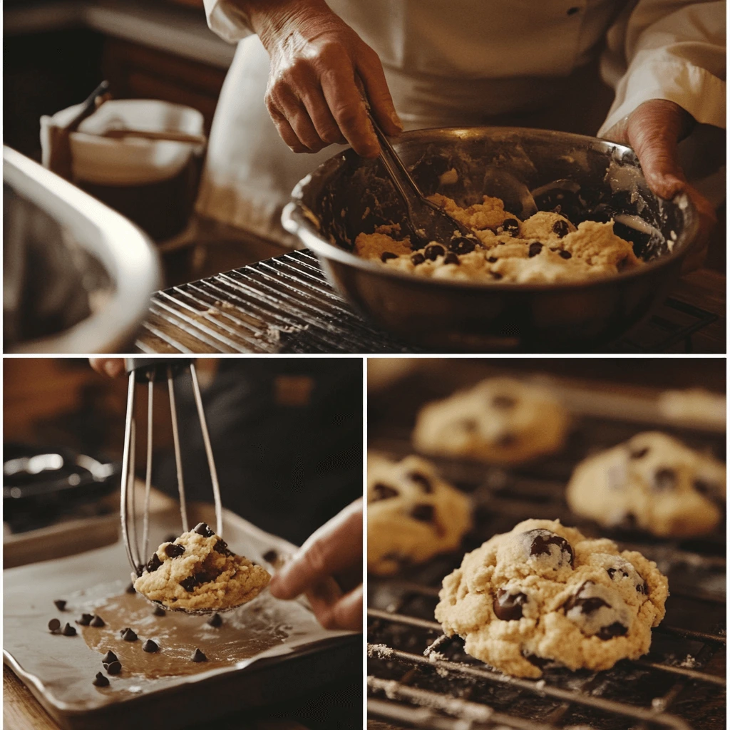 Step-by-step process of making Millie’s cookies, showing mixing dough, shaping cookie balls, and freshly baked cookies cooling.