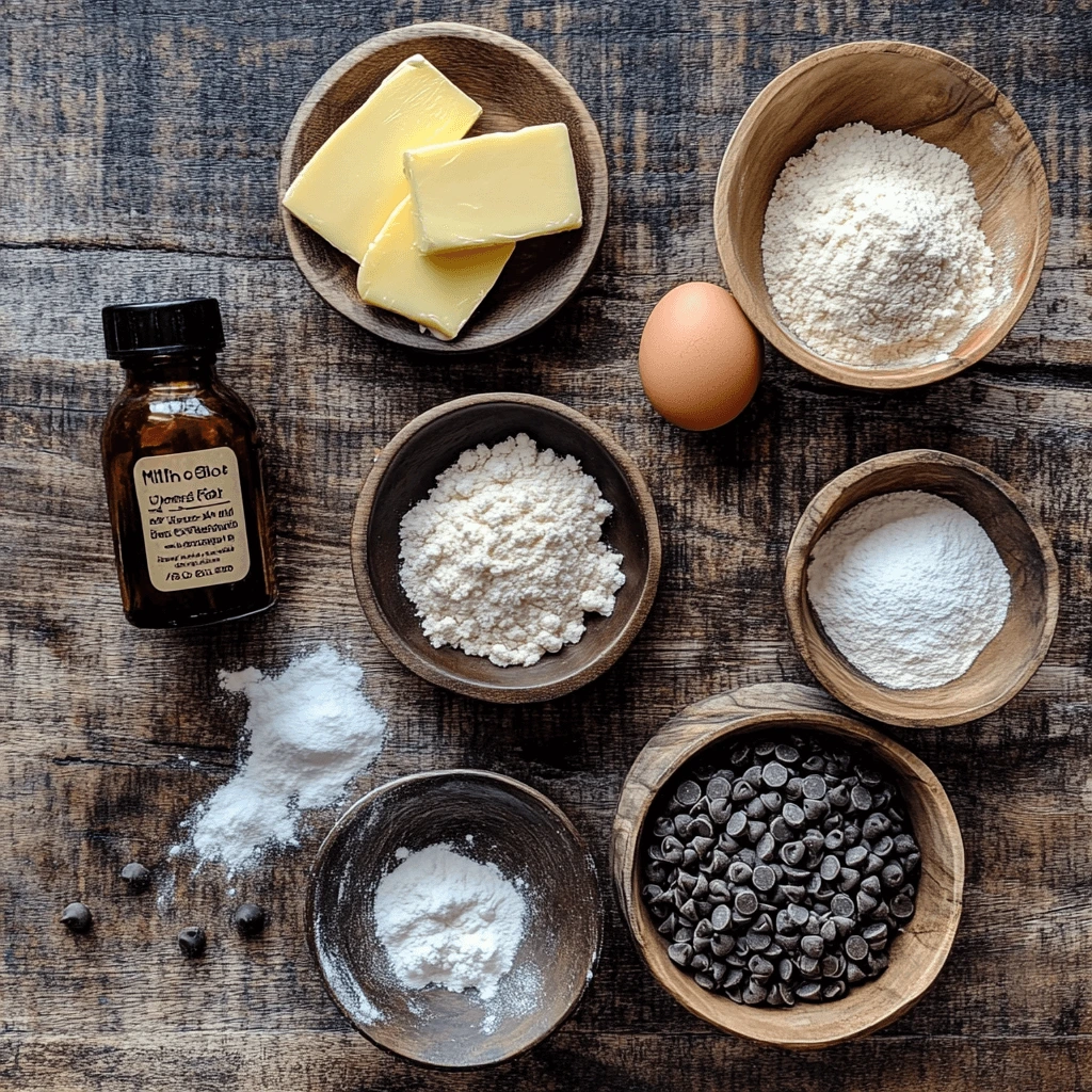 Flat-lay of baking ingredients for Millie’s cookies: butter, flour, sugars, eggs, vanilla, baking soda, and chocolate chips on a wooden surface.