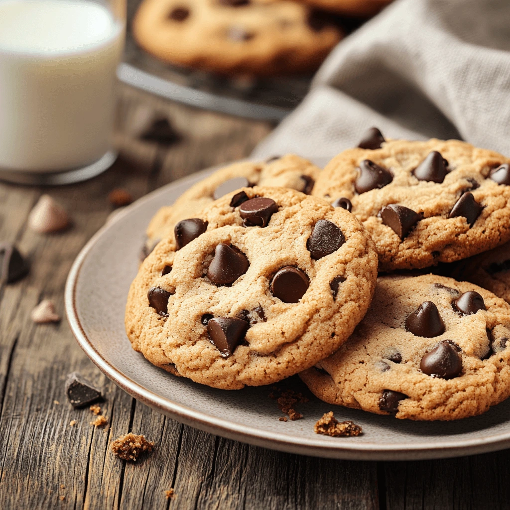 Soft and chewy Millie’s cookies with golden-brown edges and gooey chocolate chips on a rustic wooden table.